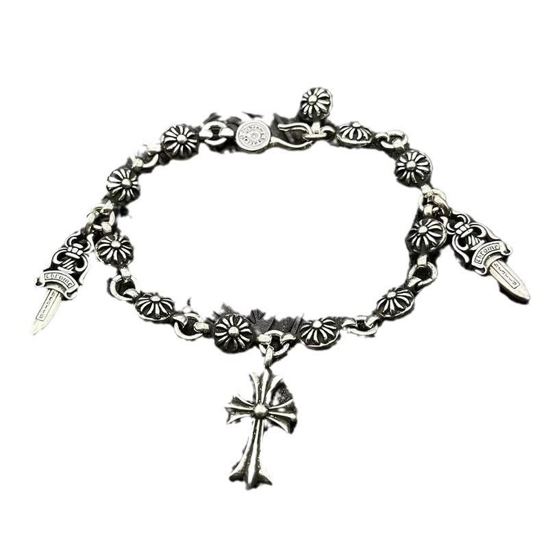 Chrome Hearts Silver Cross and Floral Bead Bracelet